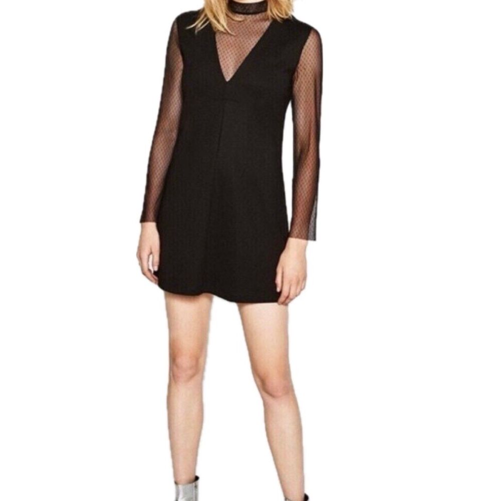 Zara Women's High Neck Sheer Swiss Dot Plumetis Back Zip Classic Mini Dress L